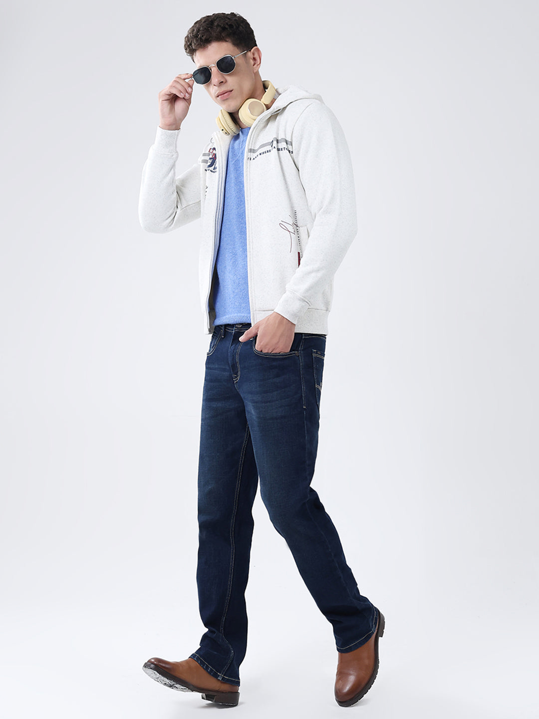Men White Printed Hooded Full Sleeve Sweatshirt