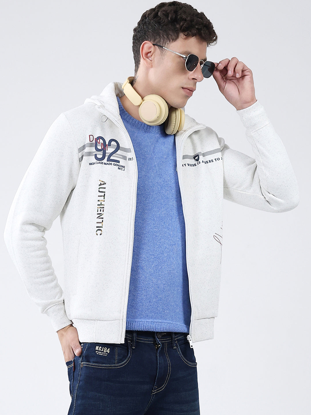 Men White Printed Hooded Full Sleeve Sweatshirt