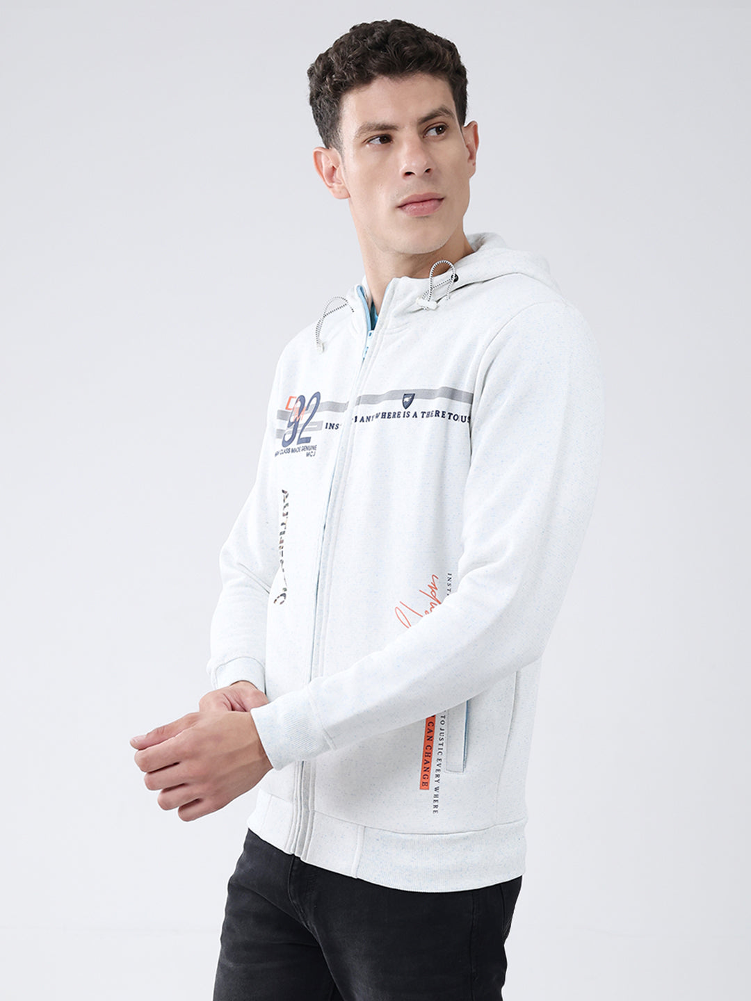 Men White Printed Hooded Full Sleeve Sweatshirt