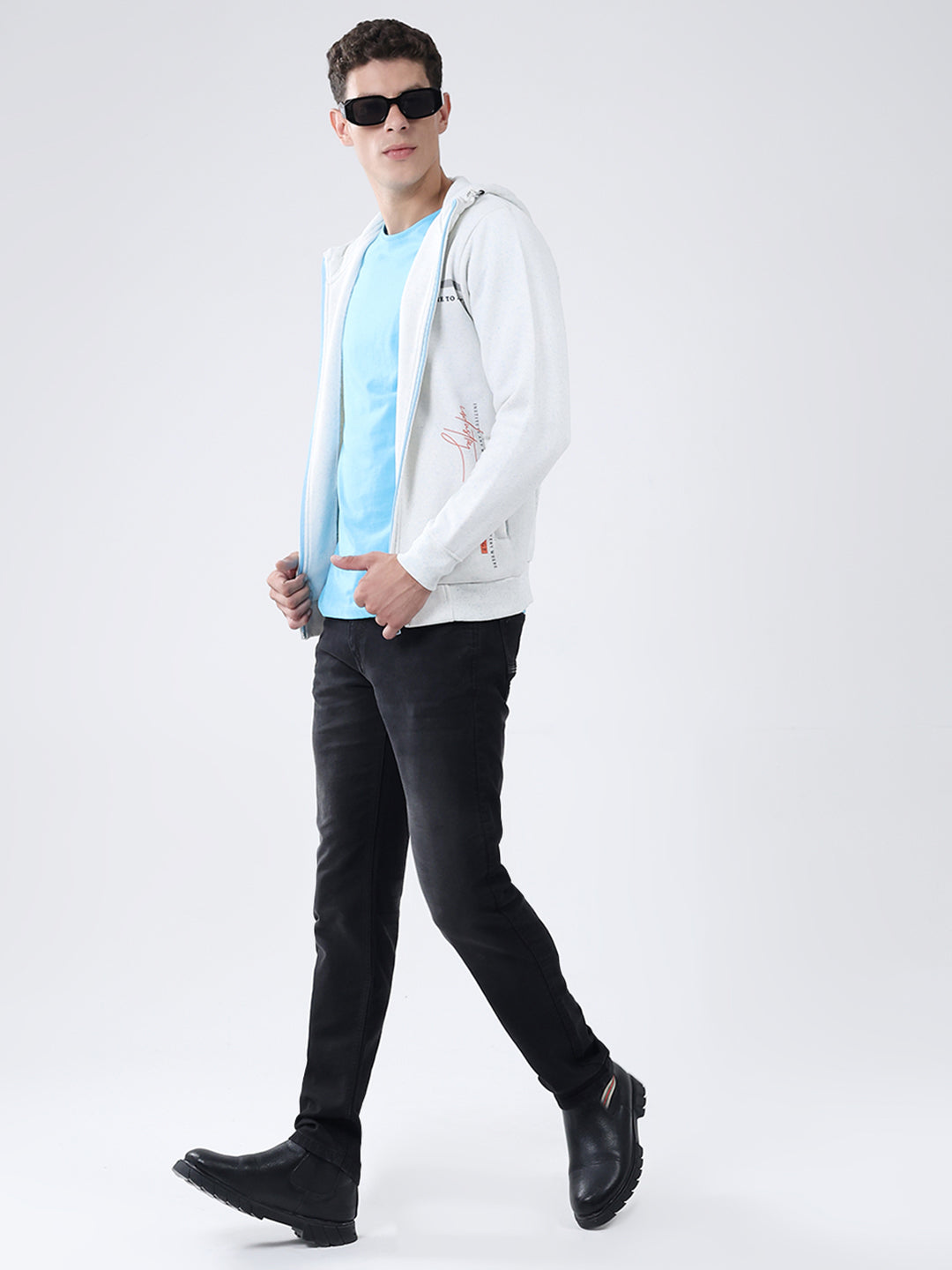 Men White Printed Hooded Full Sleeve Sweatshirt