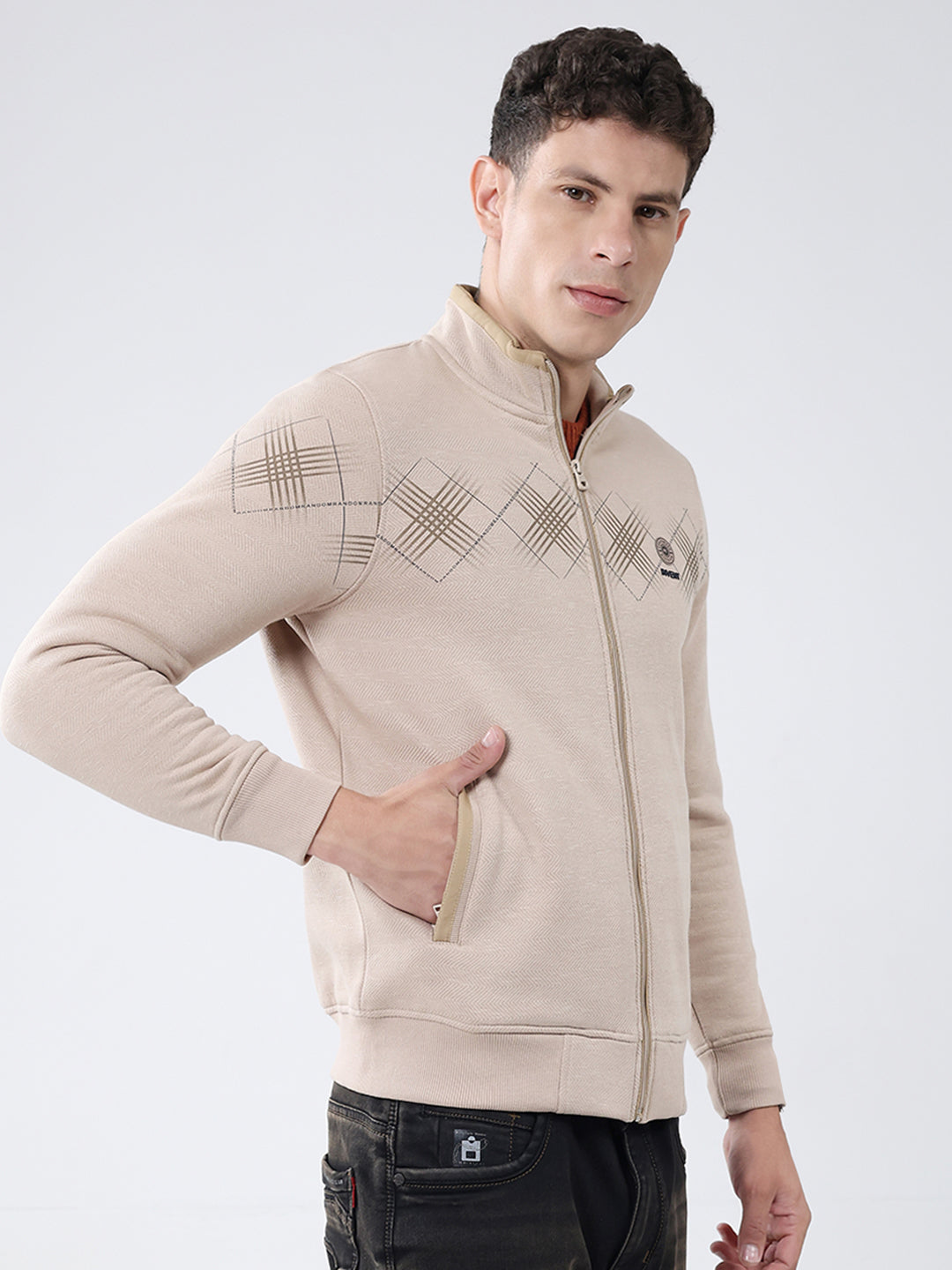 Men Beige Printed Mock Neck Full Sleeve Sweatshirt