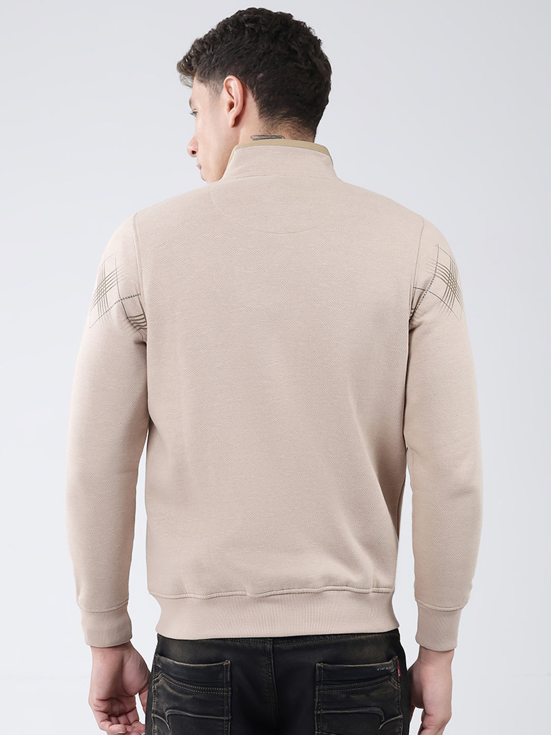 Men Beige Printed Mock Neck Full Sleeve Sweatshirt