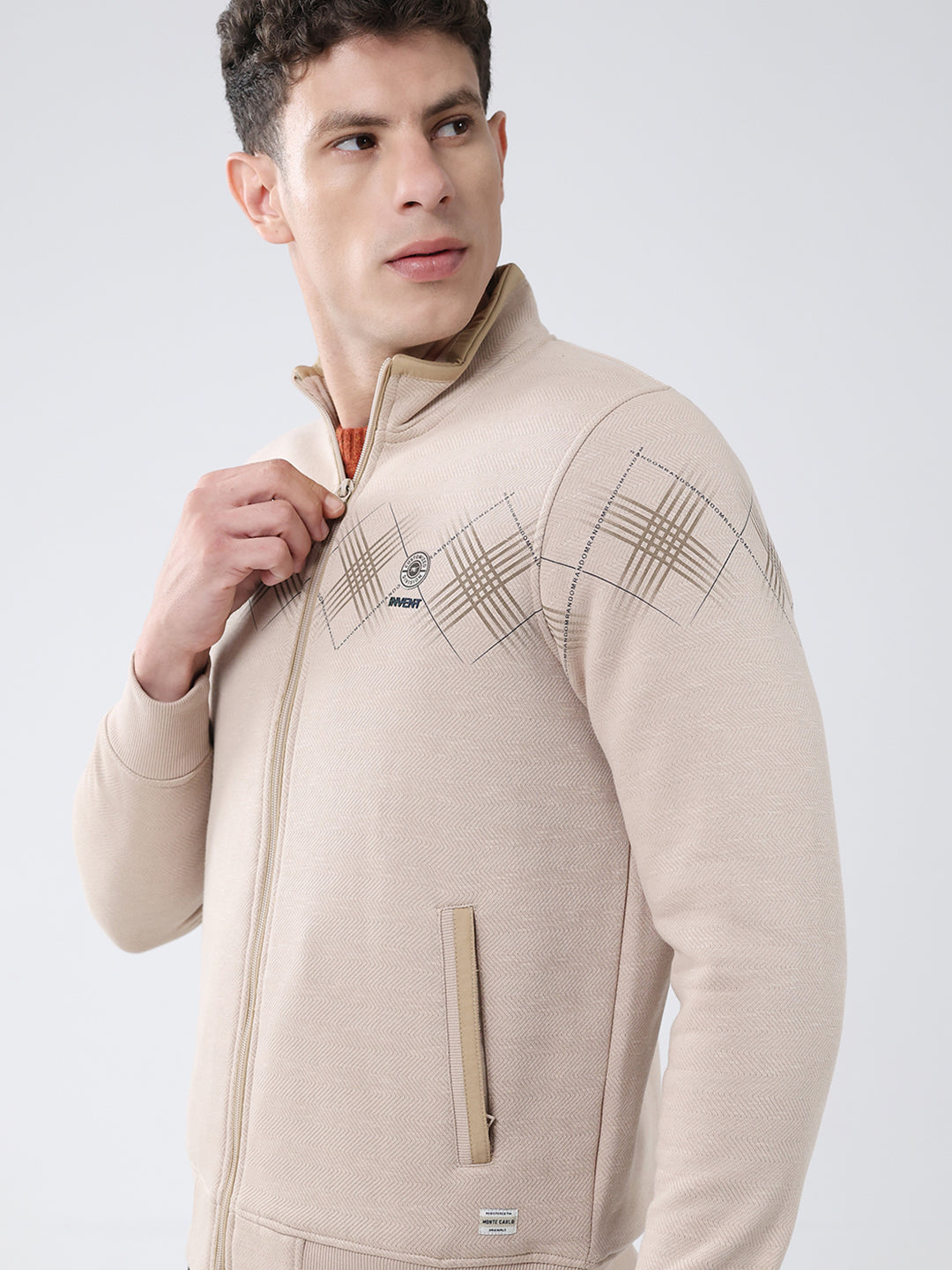 Men Beige Printed Mock Neck Full Sleeve Sweatshirt