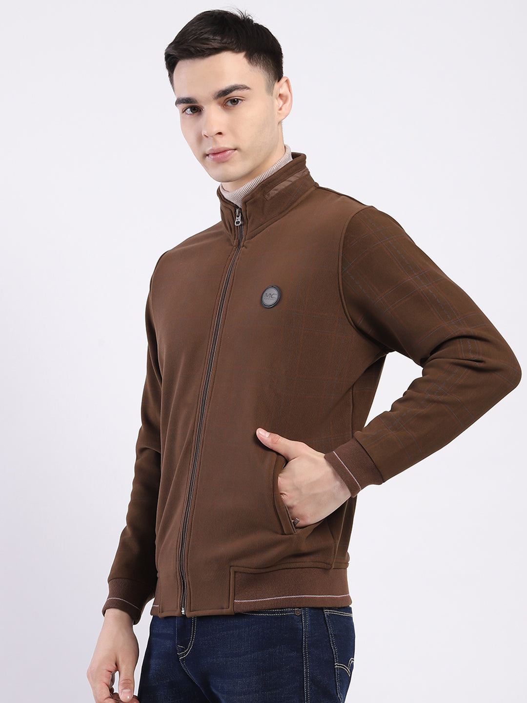 Men Brown Solid Mock Neck Full Sleeve Sweatshirt
