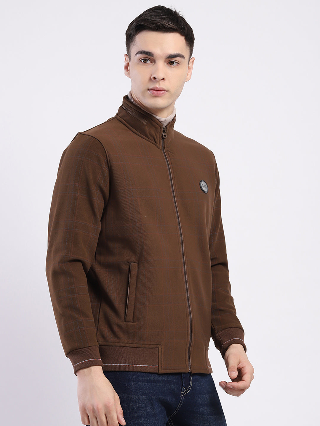 Men Brown Solid Mock Neck Full Sleeve Sweatshirt