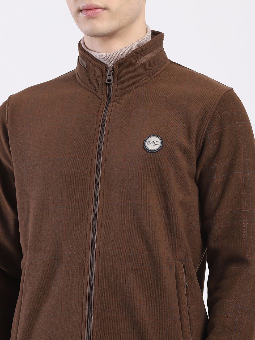 Men Brown Solid Mock Neck Full Sleeve Sweatshirt
