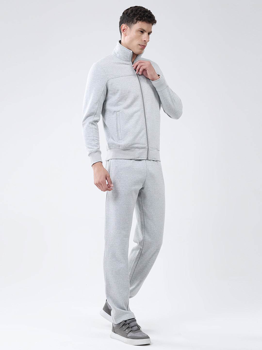 Men Grey Solid Mock Neck Full Sleeve Winter Tracksuit