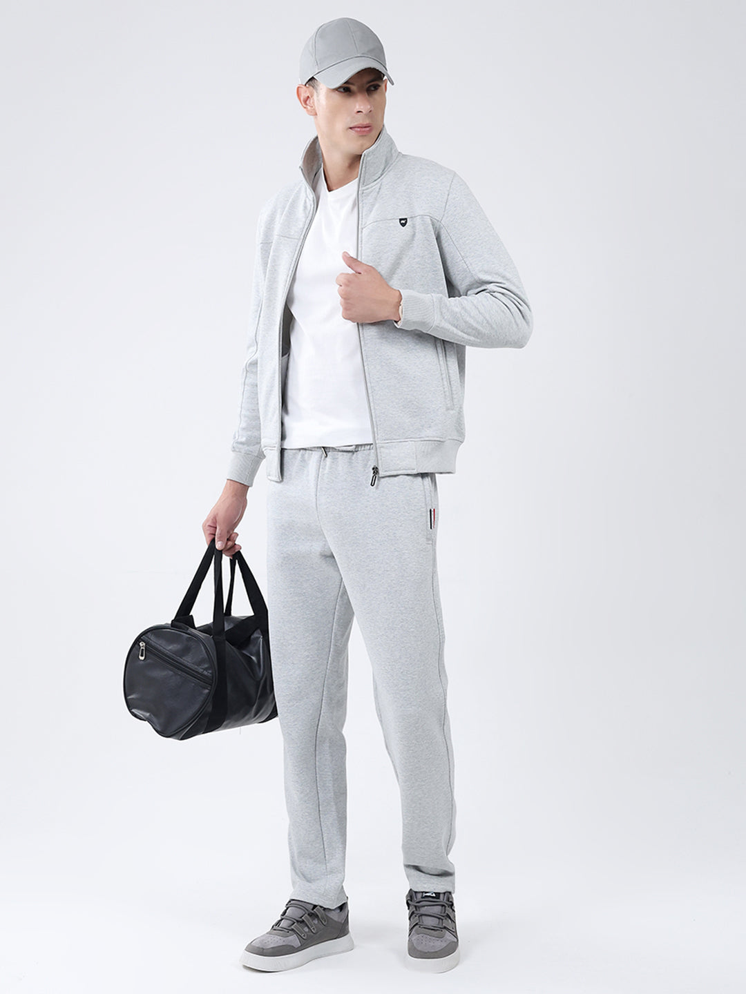 Men Grey Solid Mock Neck Full Sleeve Winter Tracksuit