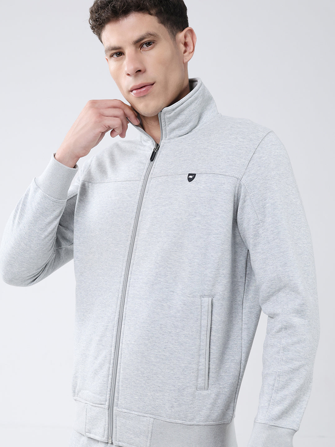 Men Grey Solid Mock Neck Full Sleeve Winter Tracksuit