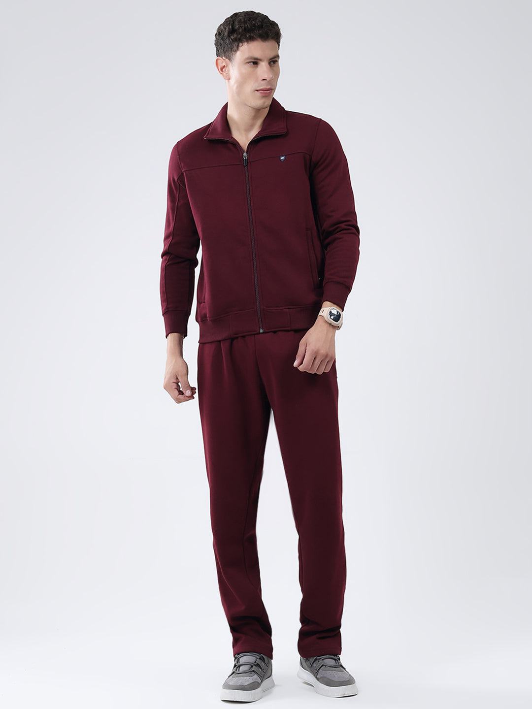 Men Maroon Solid Collar Full Sleeve Winter Tracksuit