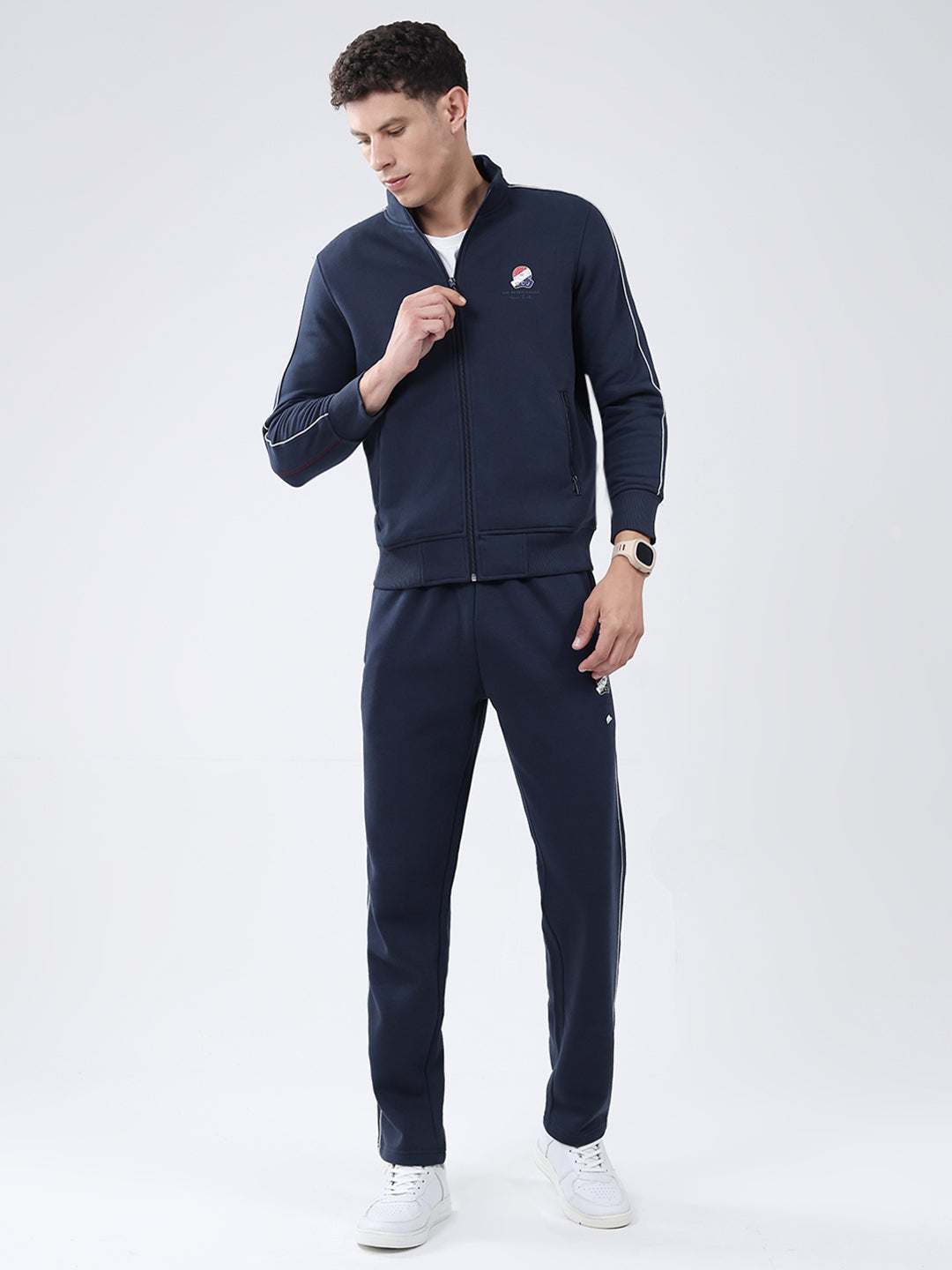 Men Navy Blue Solid Mock Neck Full Sleeve Winter Tracksuit