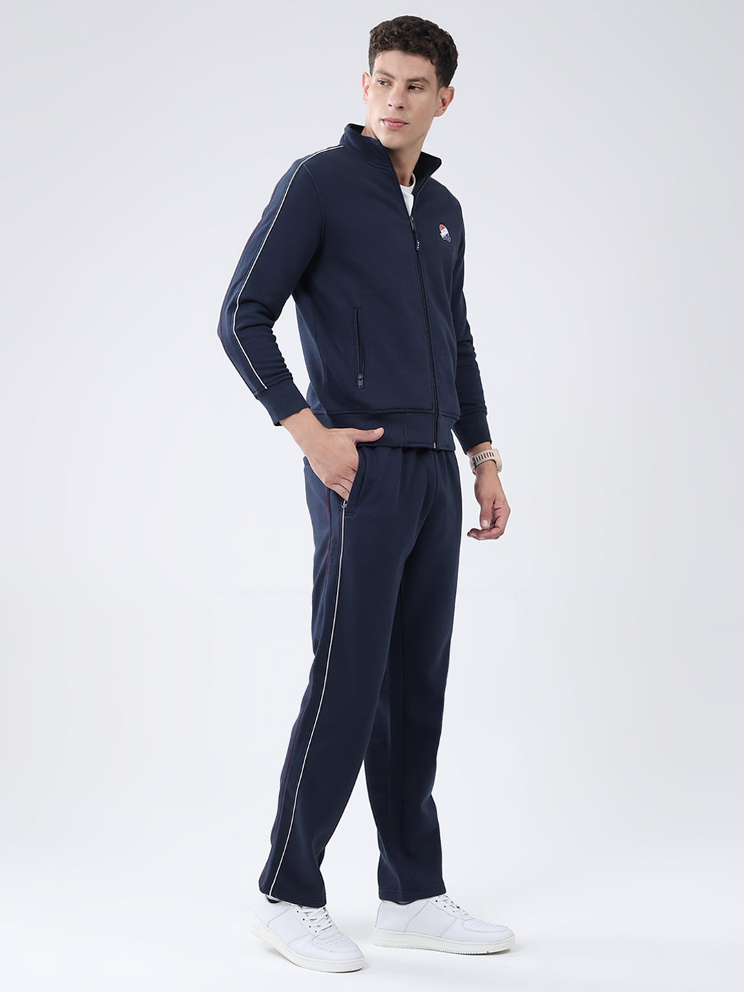 Men Navy Blue Solid Mock Neck Full Sleeve Winter Tracksuit