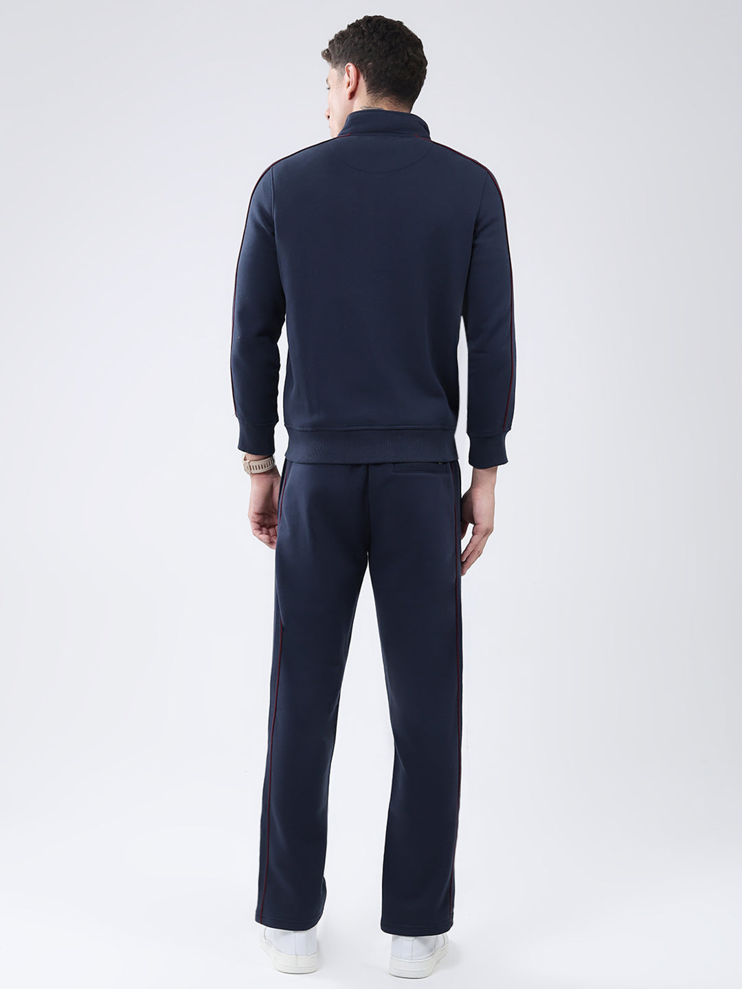Men Navy Blue Solid Mock Neck Full Sleeve Winter Tracksuit