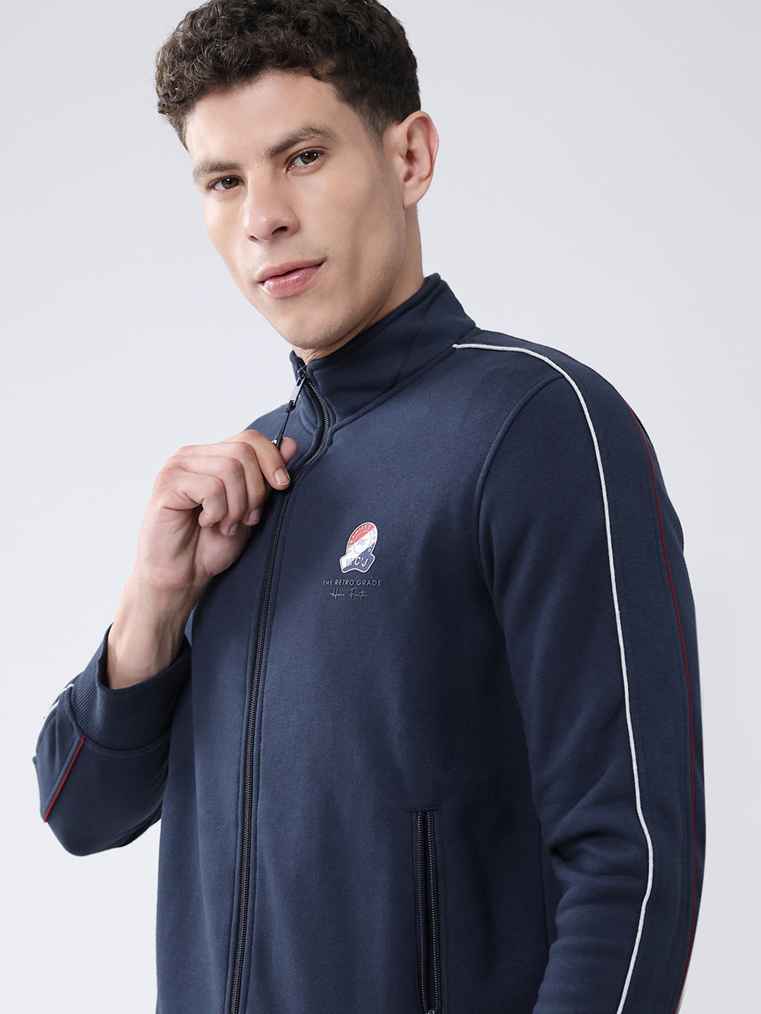 Men Navy Blue Solid Mock Neck Full Sleeve Winter Tracksuit