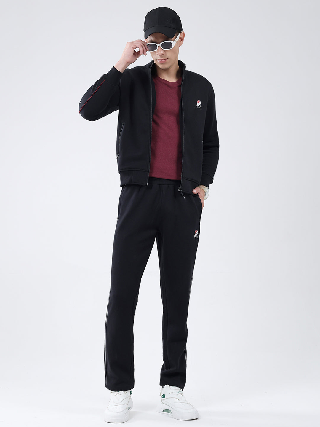 Men Black Solid Mock Neck Full Sleeve Winter Tracksuit