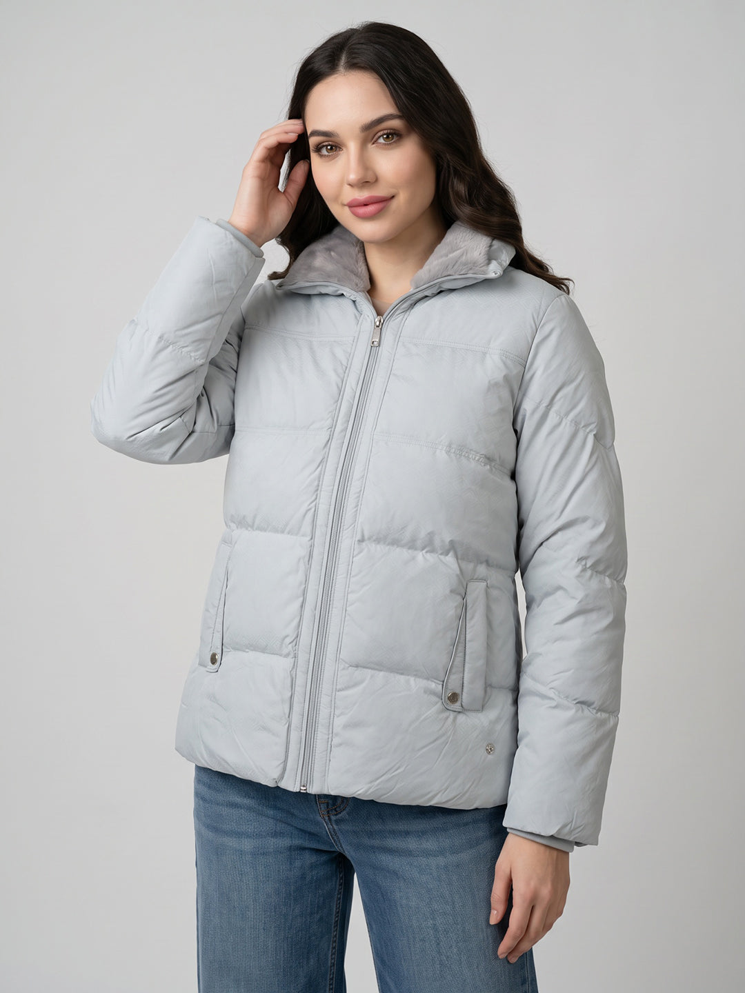 Women Grey Solid High Neck Full Sleeve Puffer Jacket