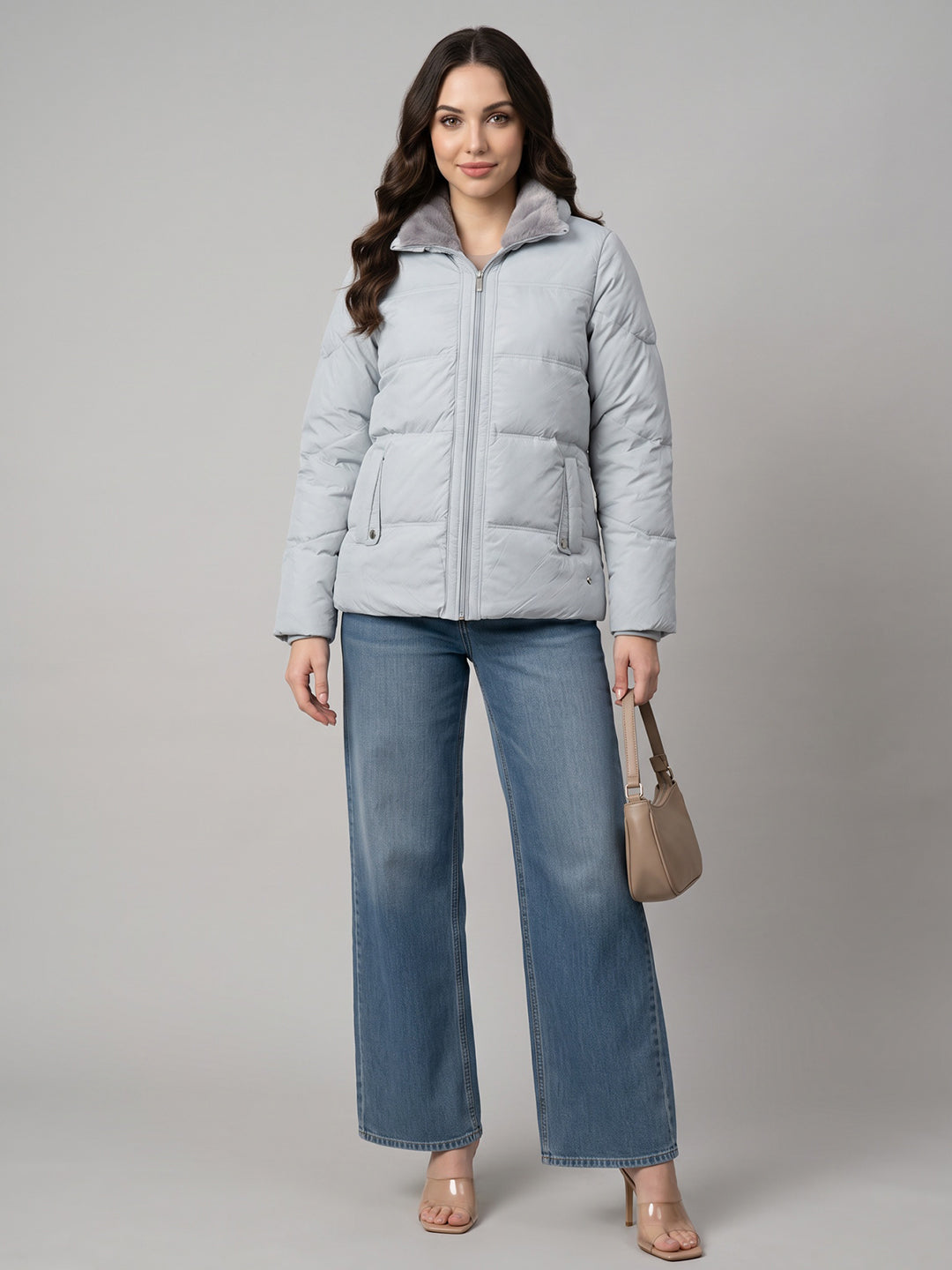 Women Grey Solid High Neck Full Sleeve Puffer Jacket