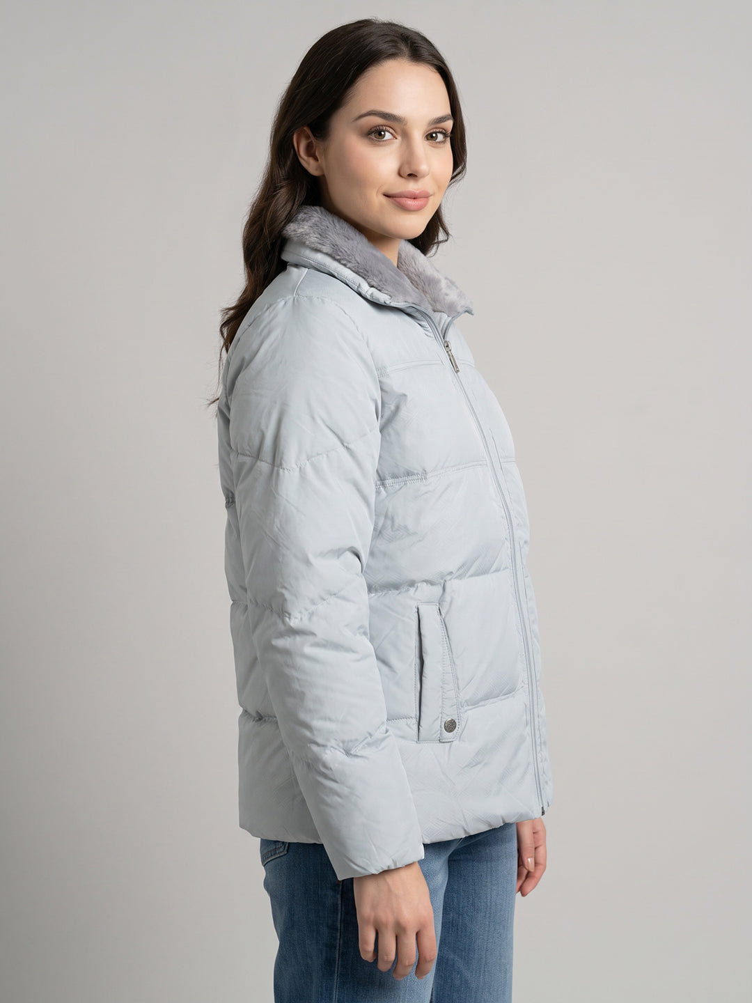 Women Grey Solid High Neck Full Sleeve Puffer Jacket