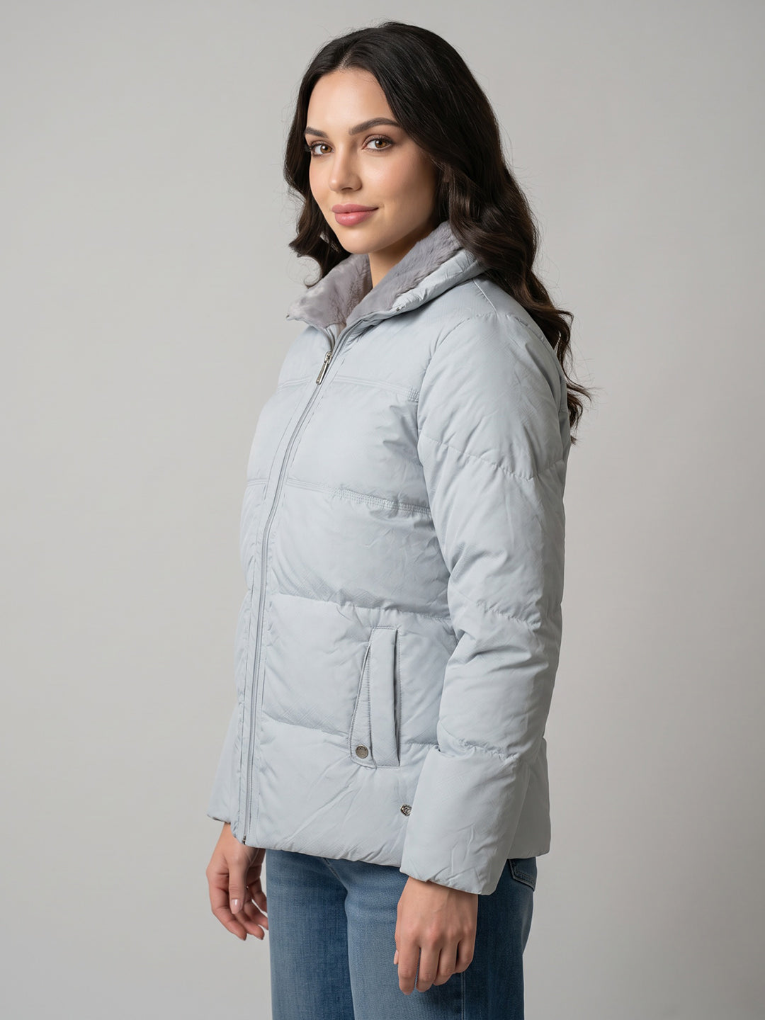 Women Grey Solid High Neck Full Sleeve Puffer Jacket