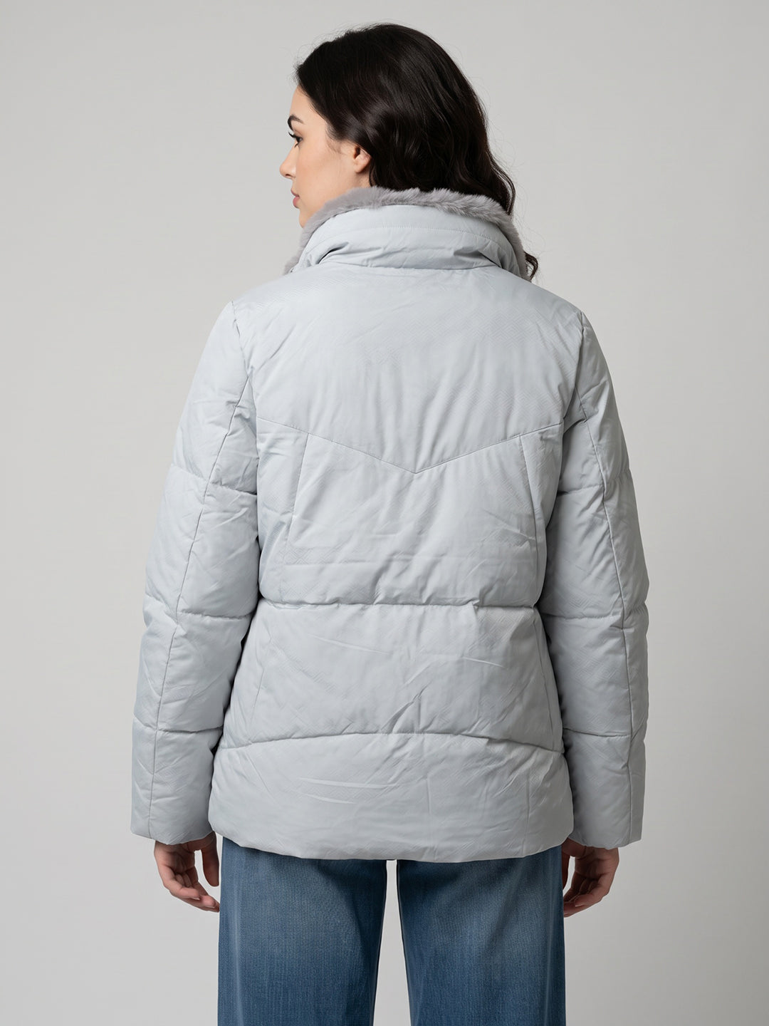 Women Grey Solid High Neck Full Sleeve Puffer Jacket