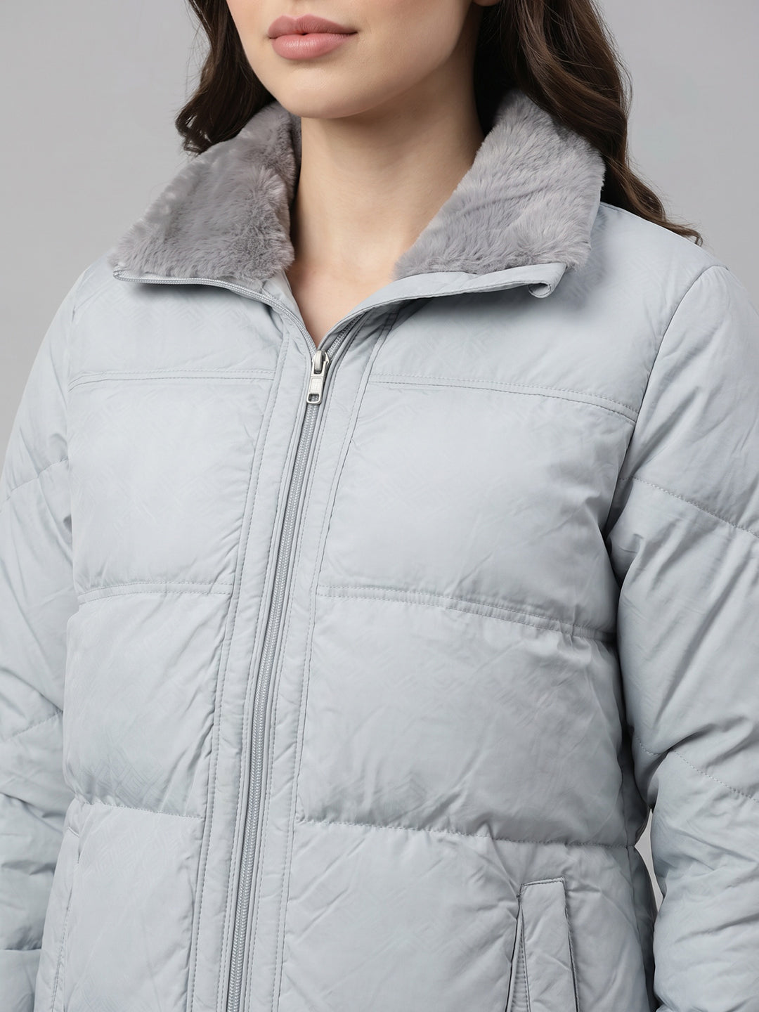 Women Grey Solid High Neck Full Sleeve Puffer Jacket