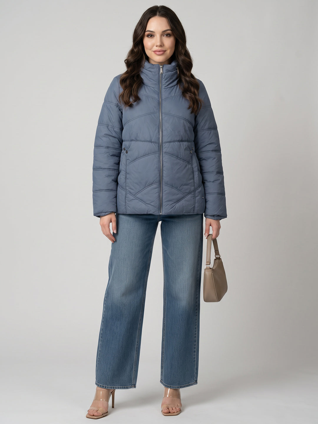 Women Blue Self Design Mock Neck Puffer Jacket with Hidden Hood