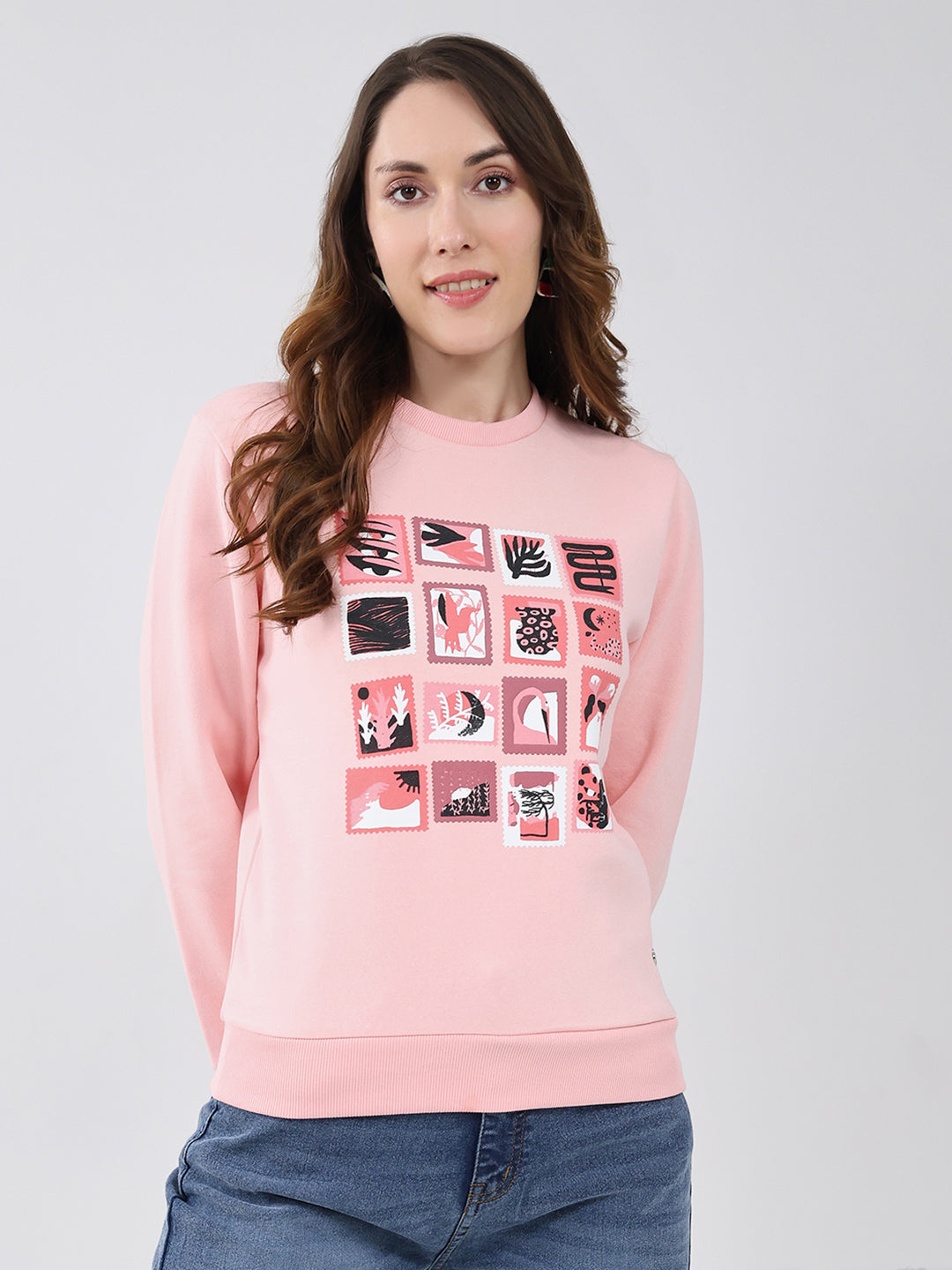 Women Pink Printed Round Neck Full Sleeve Sweatshirt