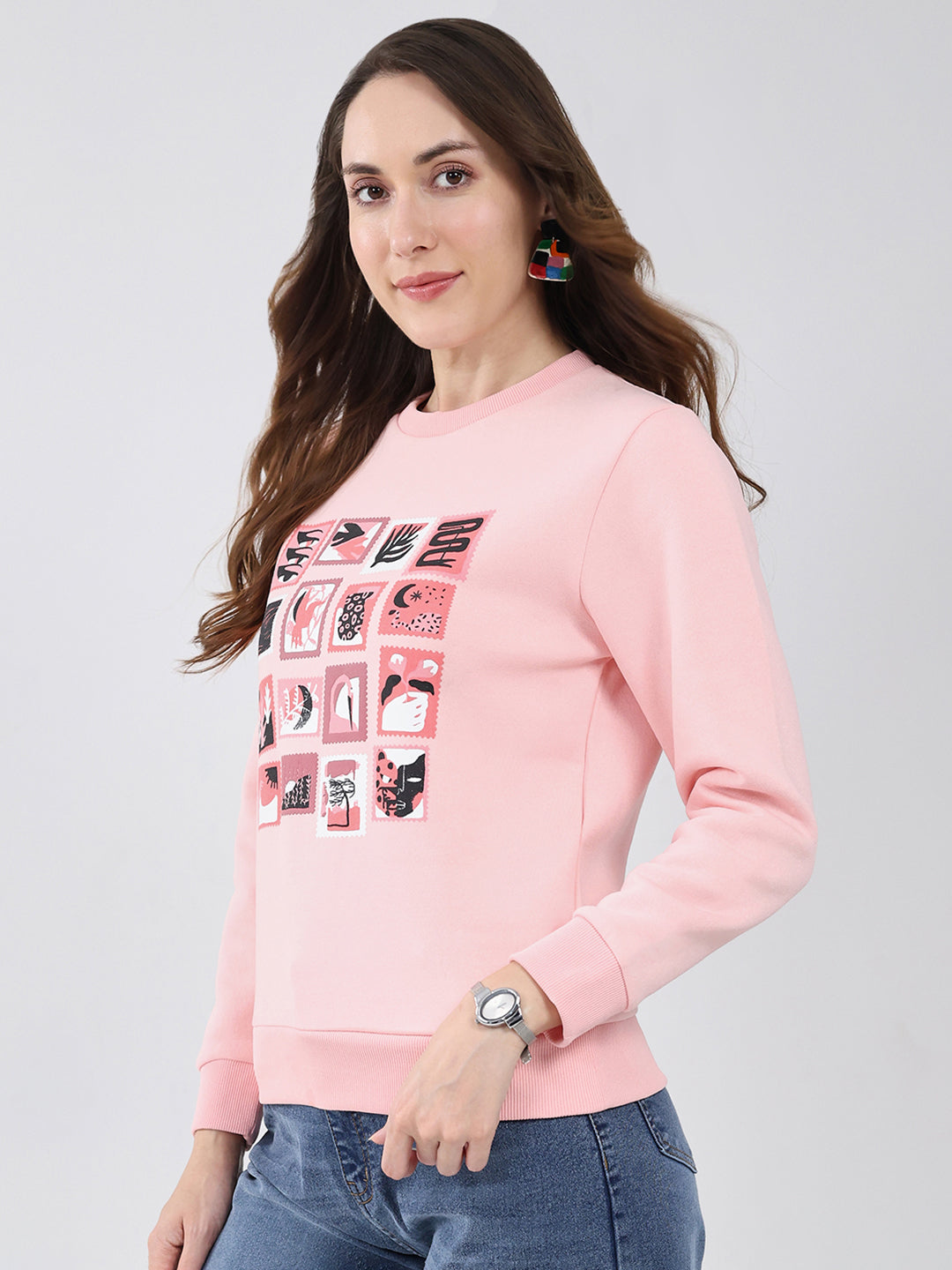 Women Pink Printed Round Neck Full Sleeve Sweatshirt