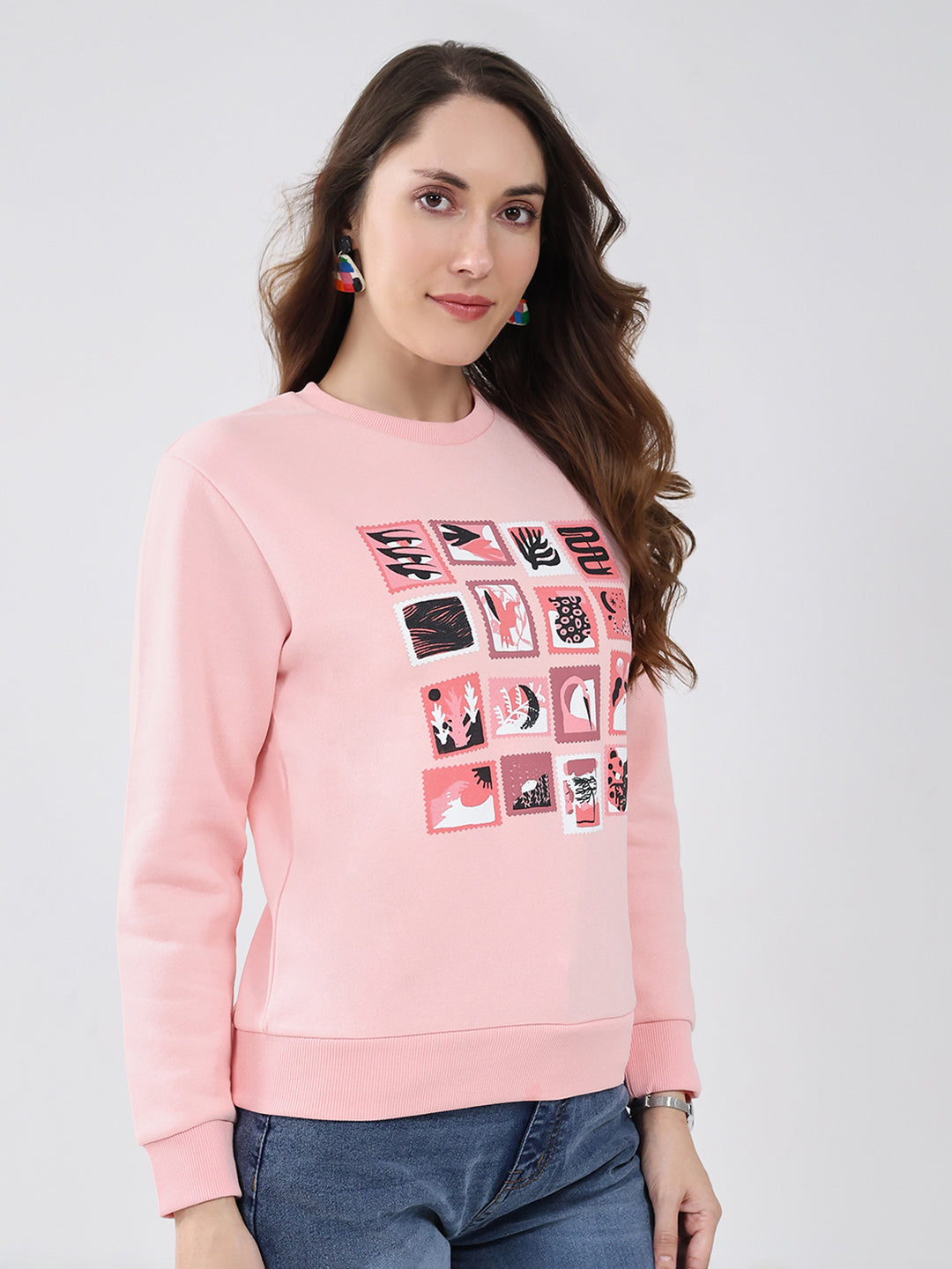 Women Pink Printed Round Neck Full Sleeve Sweatshirt