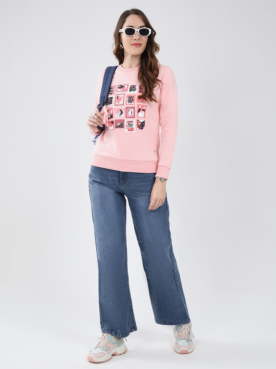 Women Pink Printed Round Neck Full Sleeve Sweatshirt