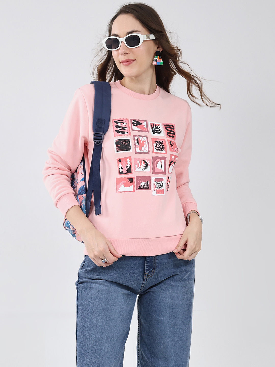 Women Pink Printed Round Neck Full Sleeve Sweatshirt