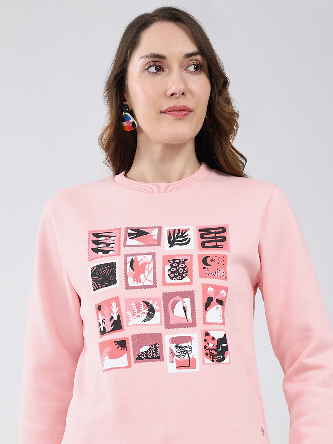 Women Pink Printed Round Neck Full Sleeve Sweatshirt