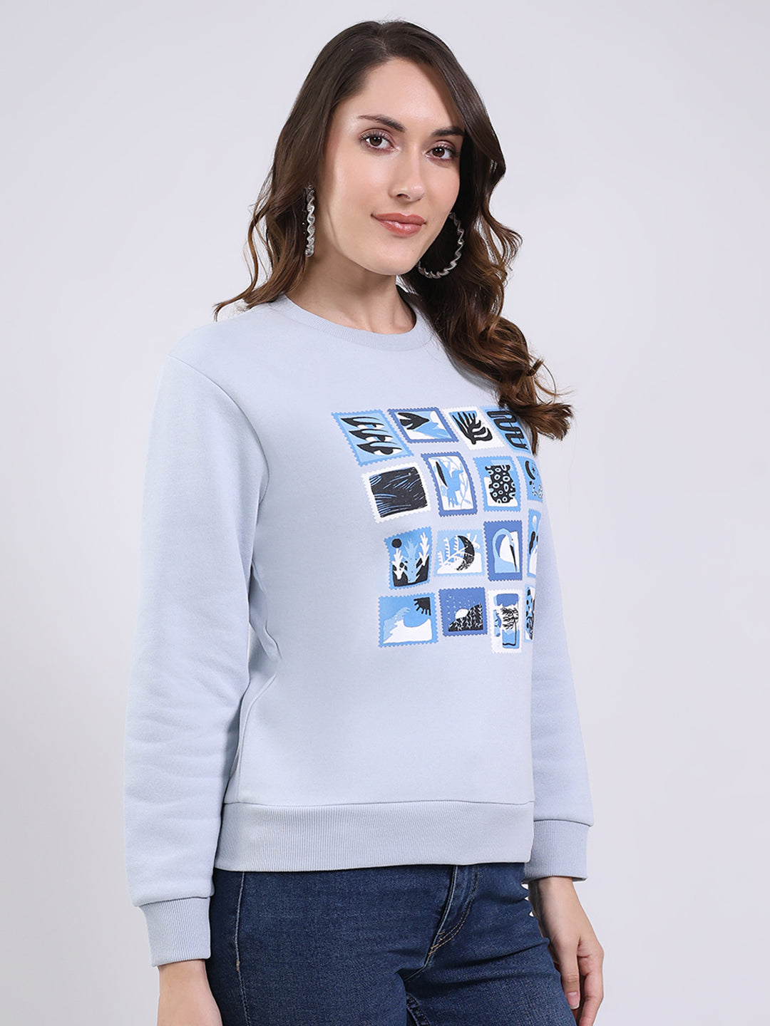 Women Blue Printed Round Neck Full Sleeve Sweatshirt