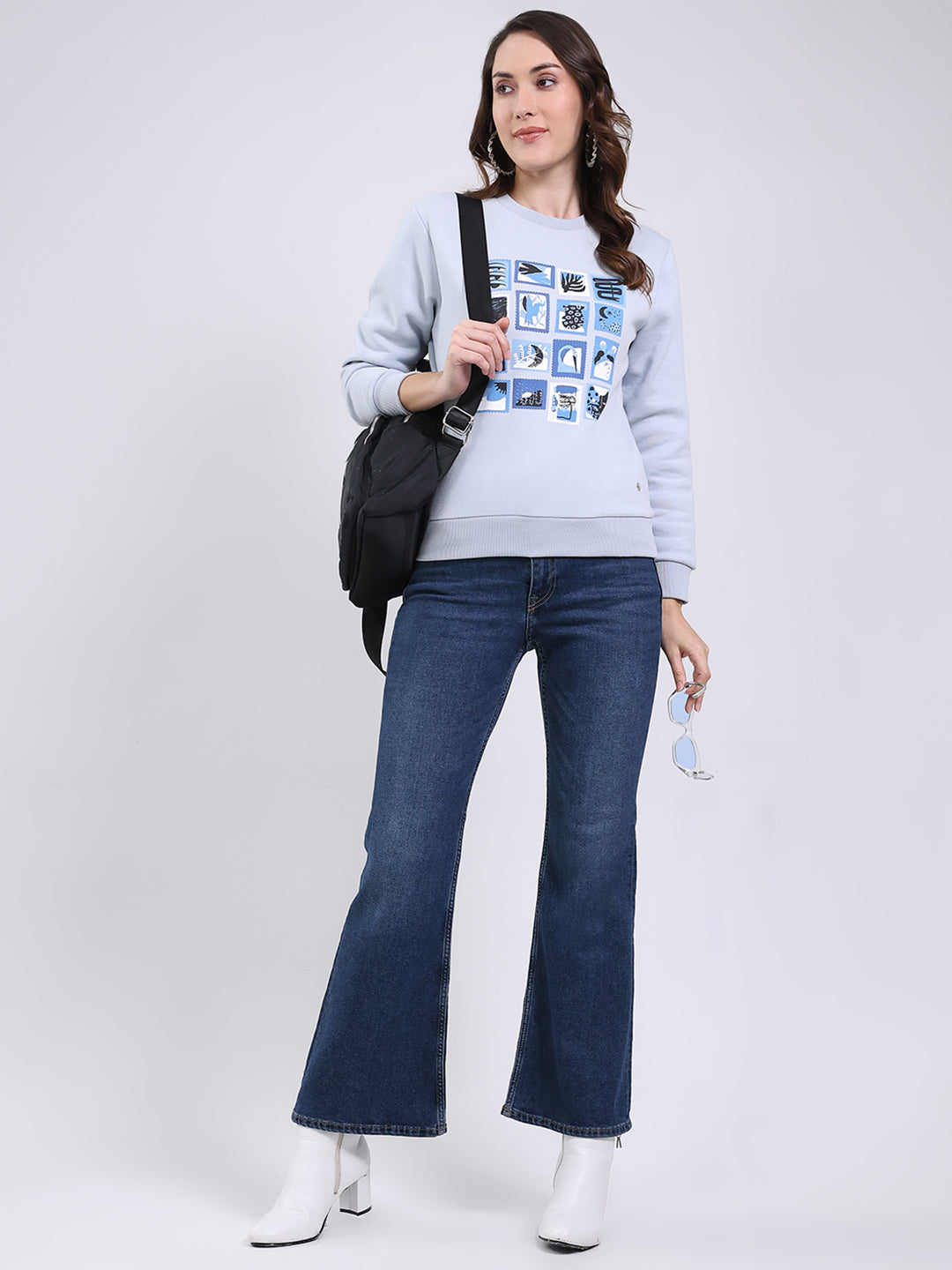 Women Blue Printed Round Neck Full Sleeve Sweatshirt