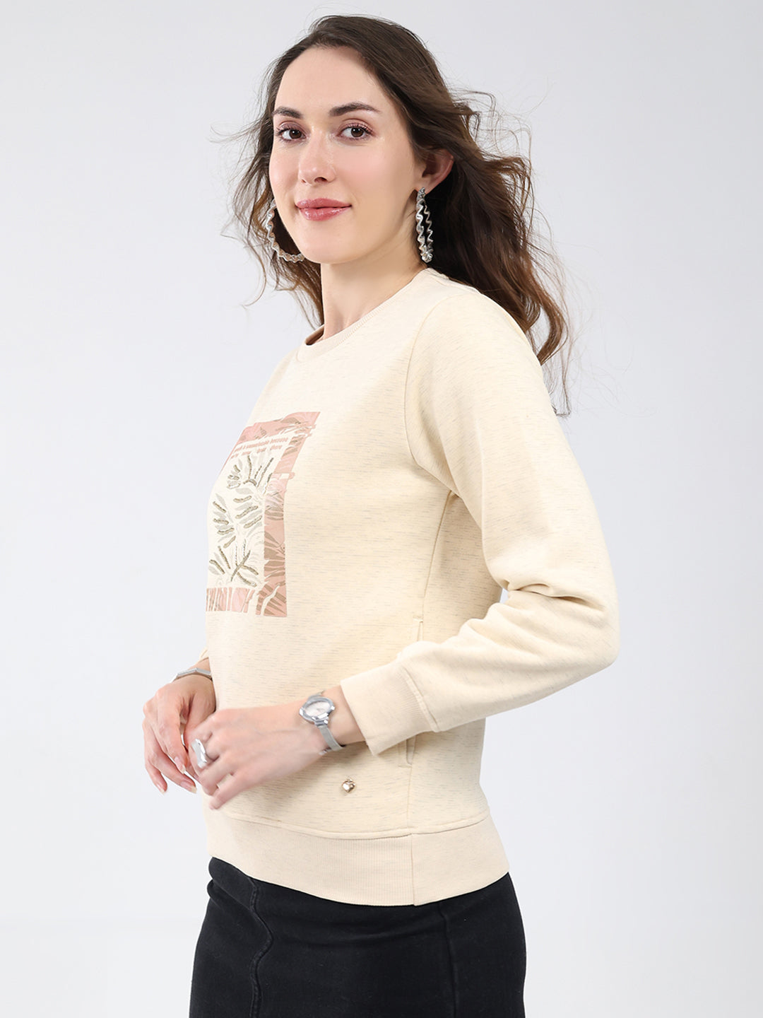 Women Beige Printed Round Neck Full Sleeve Sweatshirt