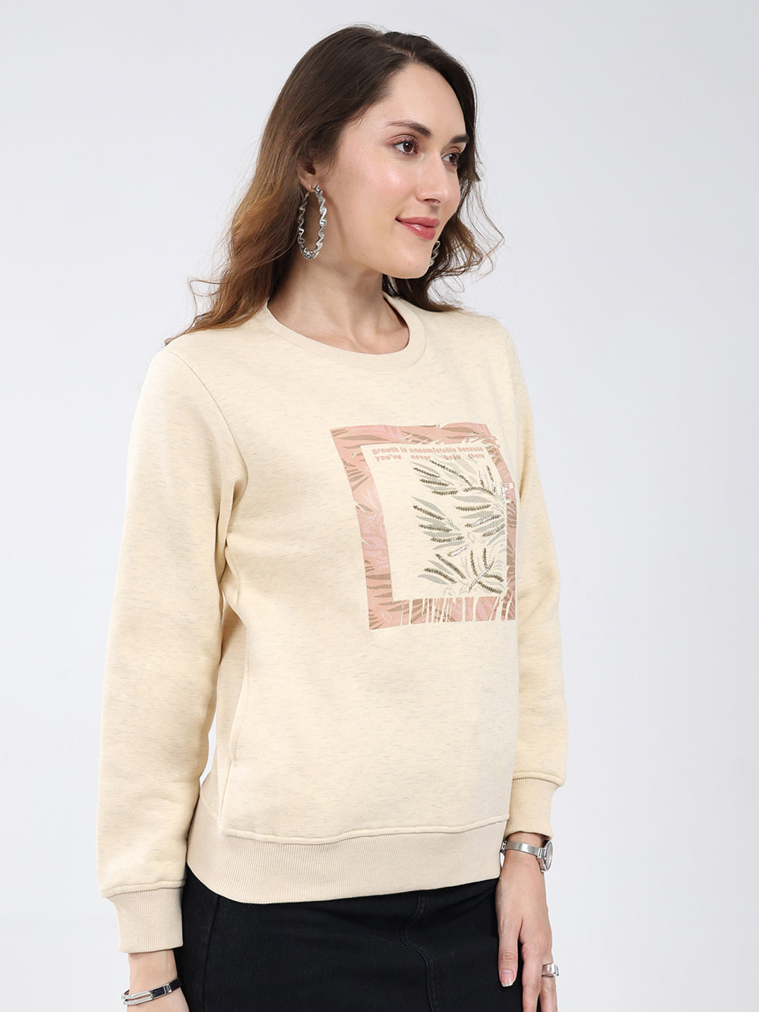 Women Beige Printed Round Neck Full Sleeve Sweatshirt