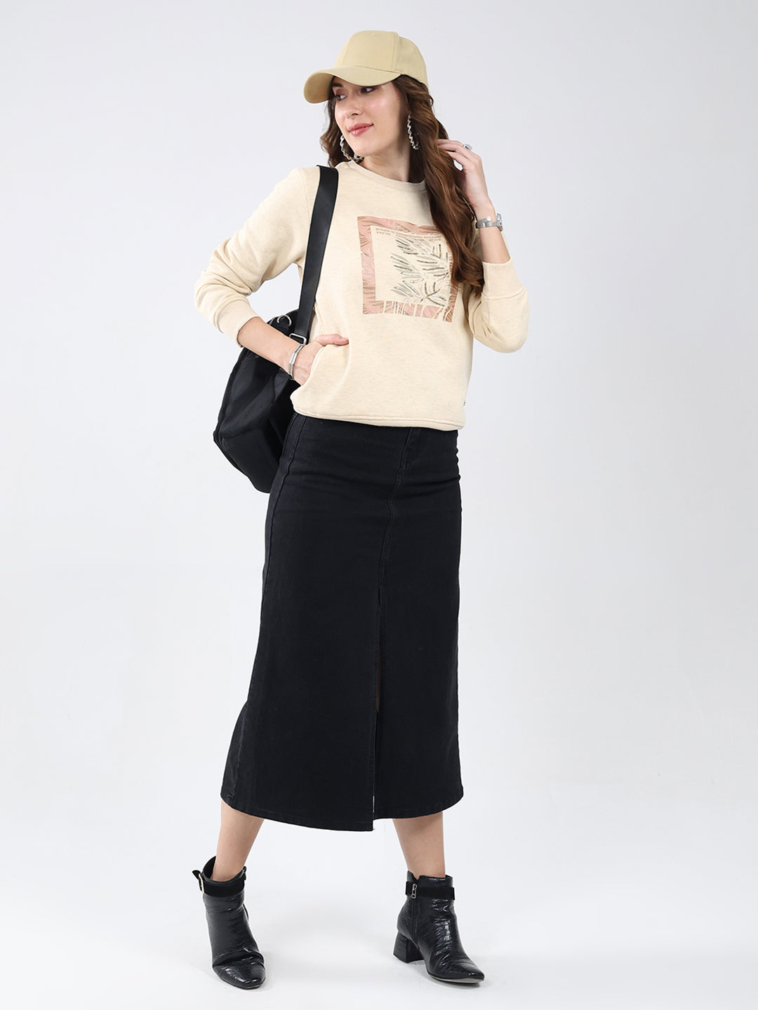 Women Beige Printed Round Neck Full Sleeve Sweatshirt