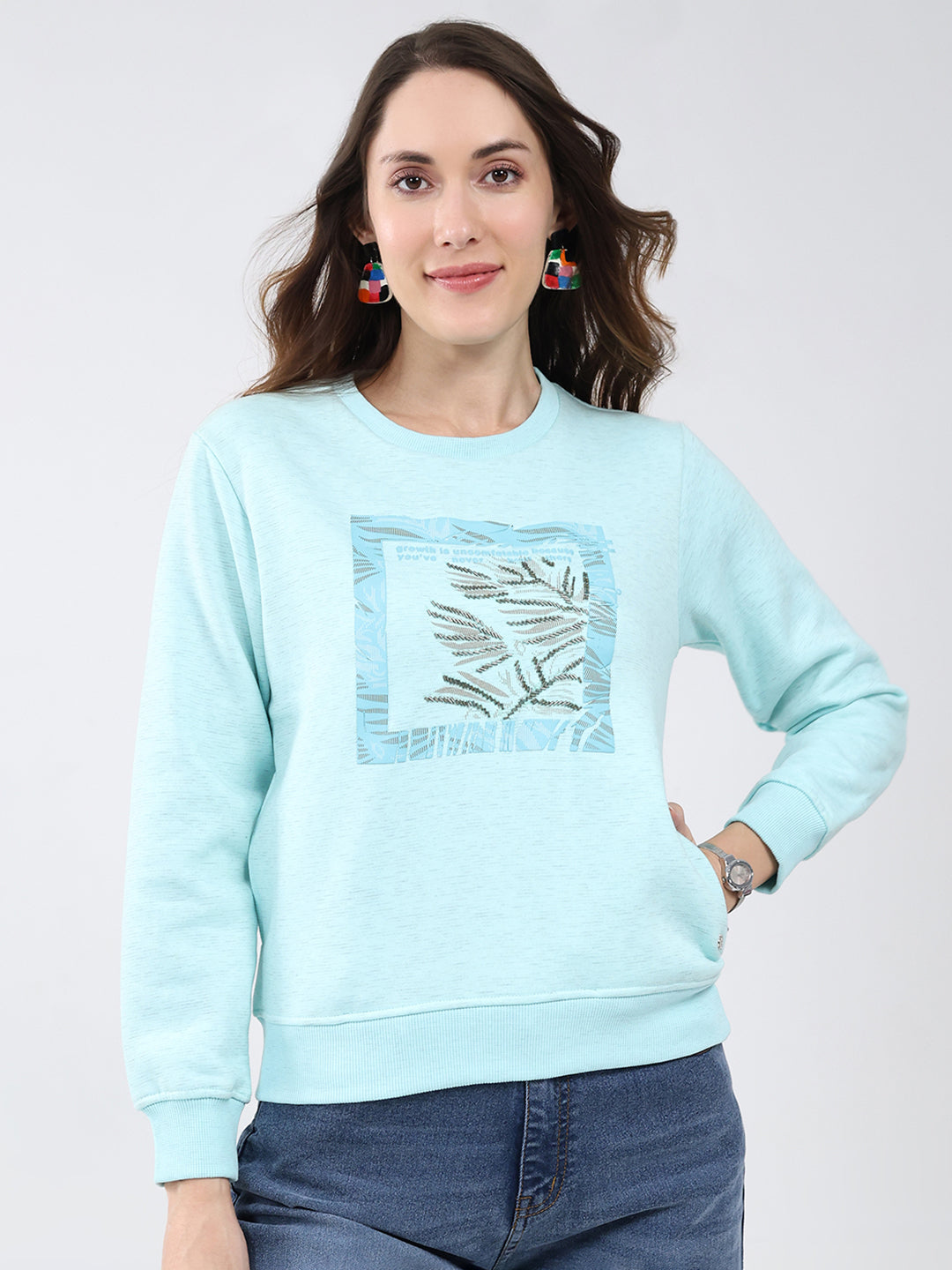 Women Blue Printed Round Neck Full Sleeve Sweatshirt
