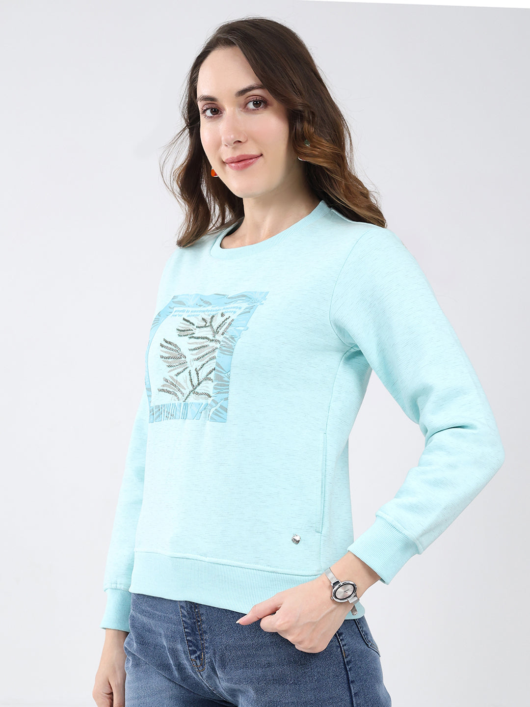 Women Blue Printed Round Neck Full Sleeve Sweatshirt