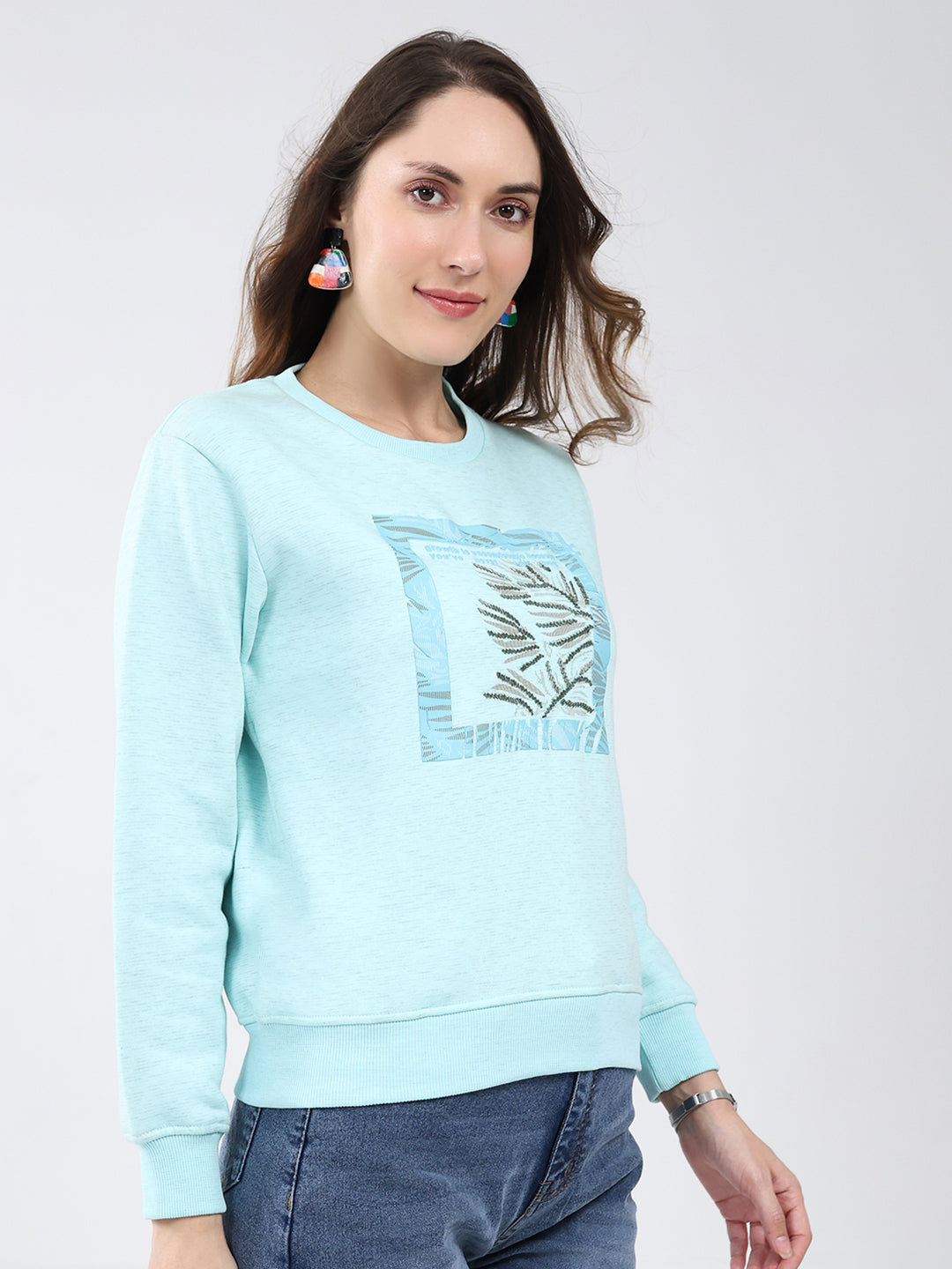 Women Blue Printed Round Neck Full Sleeve Sweatshirt