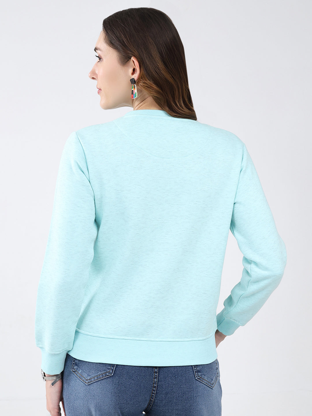 Women Blue Printed Round Neck Full Sleeve Sweatshirt