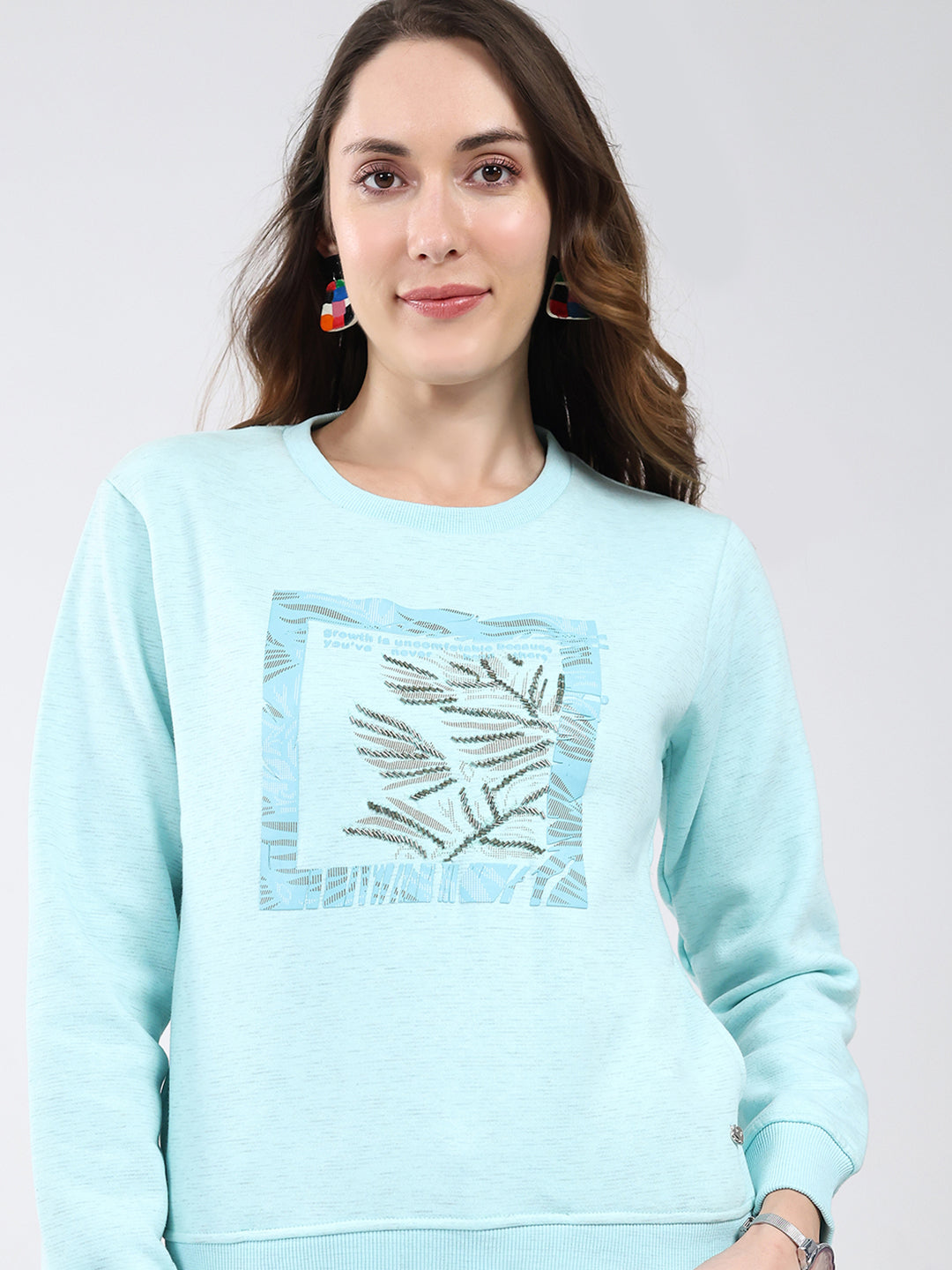 Women Blue Printed Round Neck Full Sleeve Sweatshirt