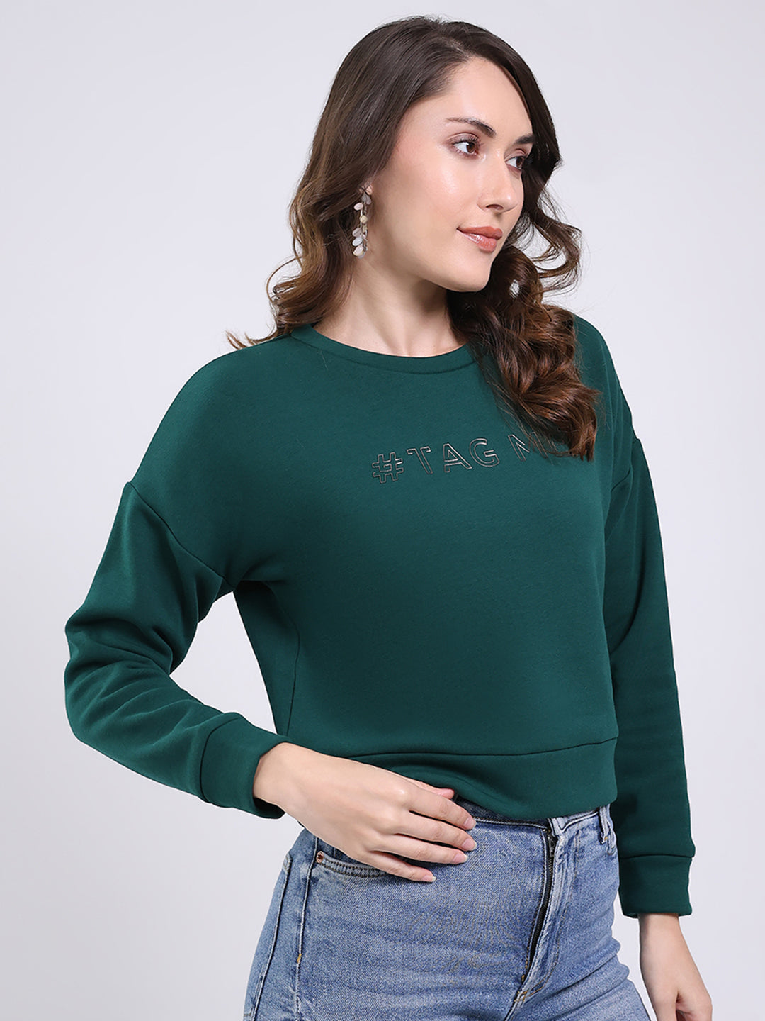 Women Green Printed Round Neck Full Sleeve Sweatshirt
