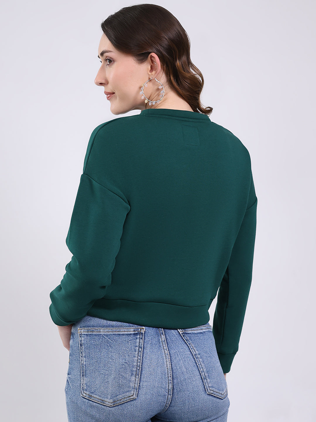 Women Green Printed Round Neck Full Sleeve Sweatshirt