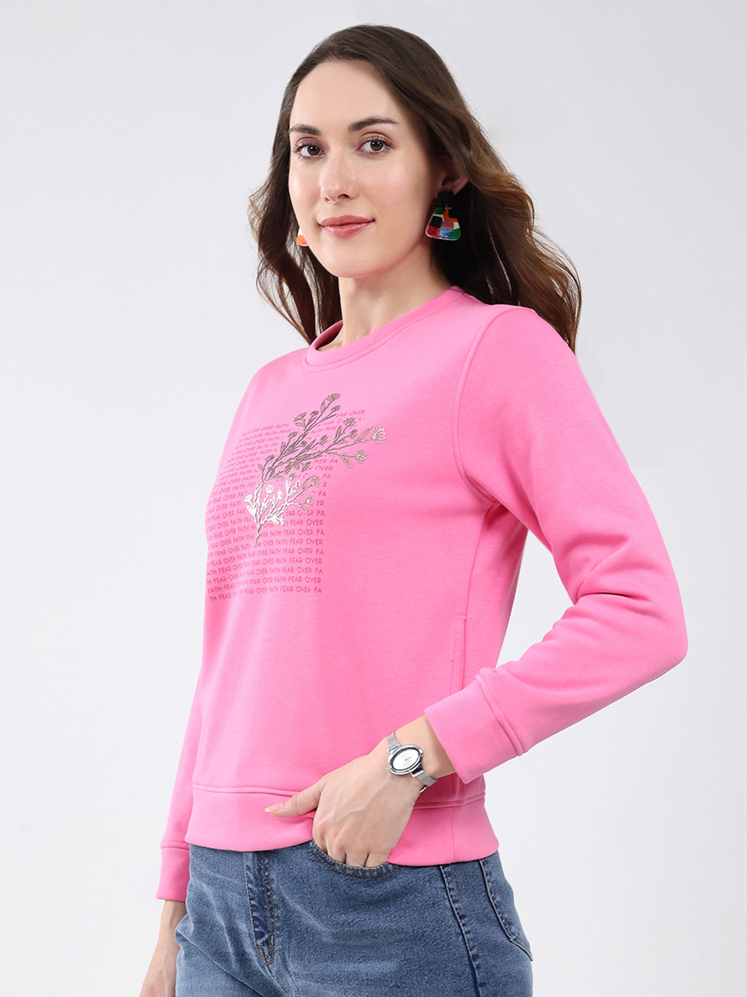 Women Pink Printed Round Neck Full Sleeve Sweatshirt