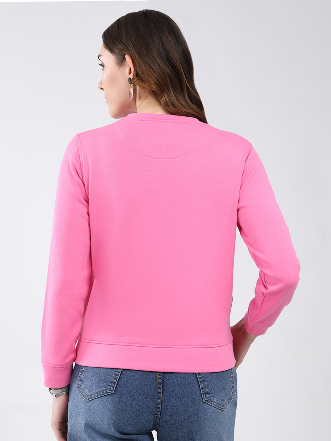 Women Pink Printed Round Neck Full Sleeve Sweatshirt