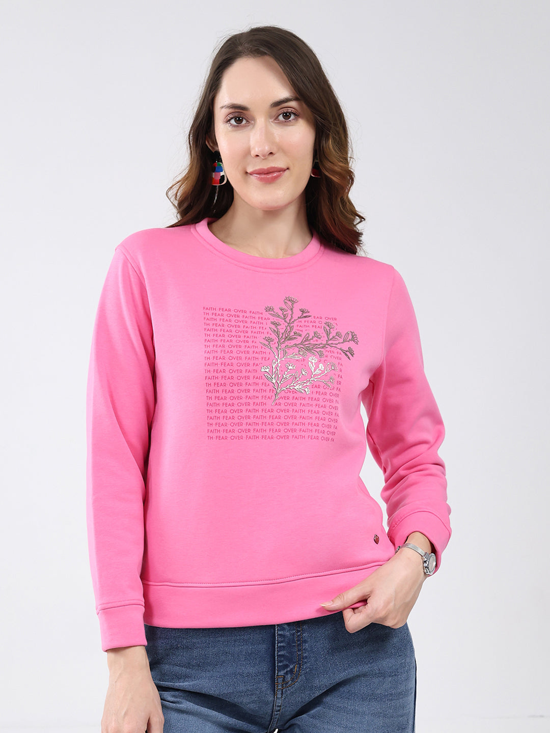 Women Pink Printed Round Neck Full Sleeve Sweatshirt