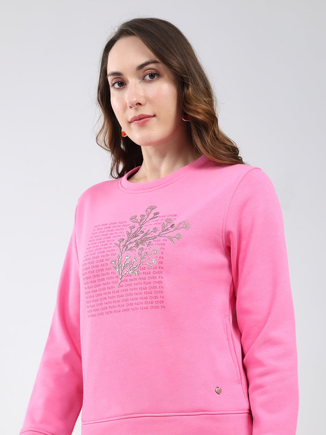 Women Pink Printed Round Neck Full Sleeve Sweatshirt