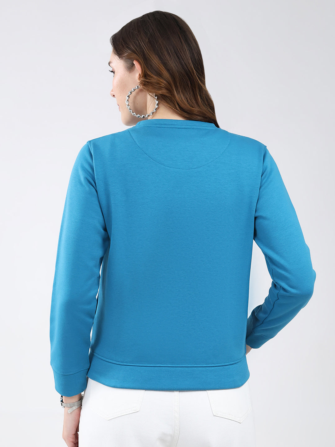 Women Blue Printed Round Neck Full Sleeve Sweatshirt
