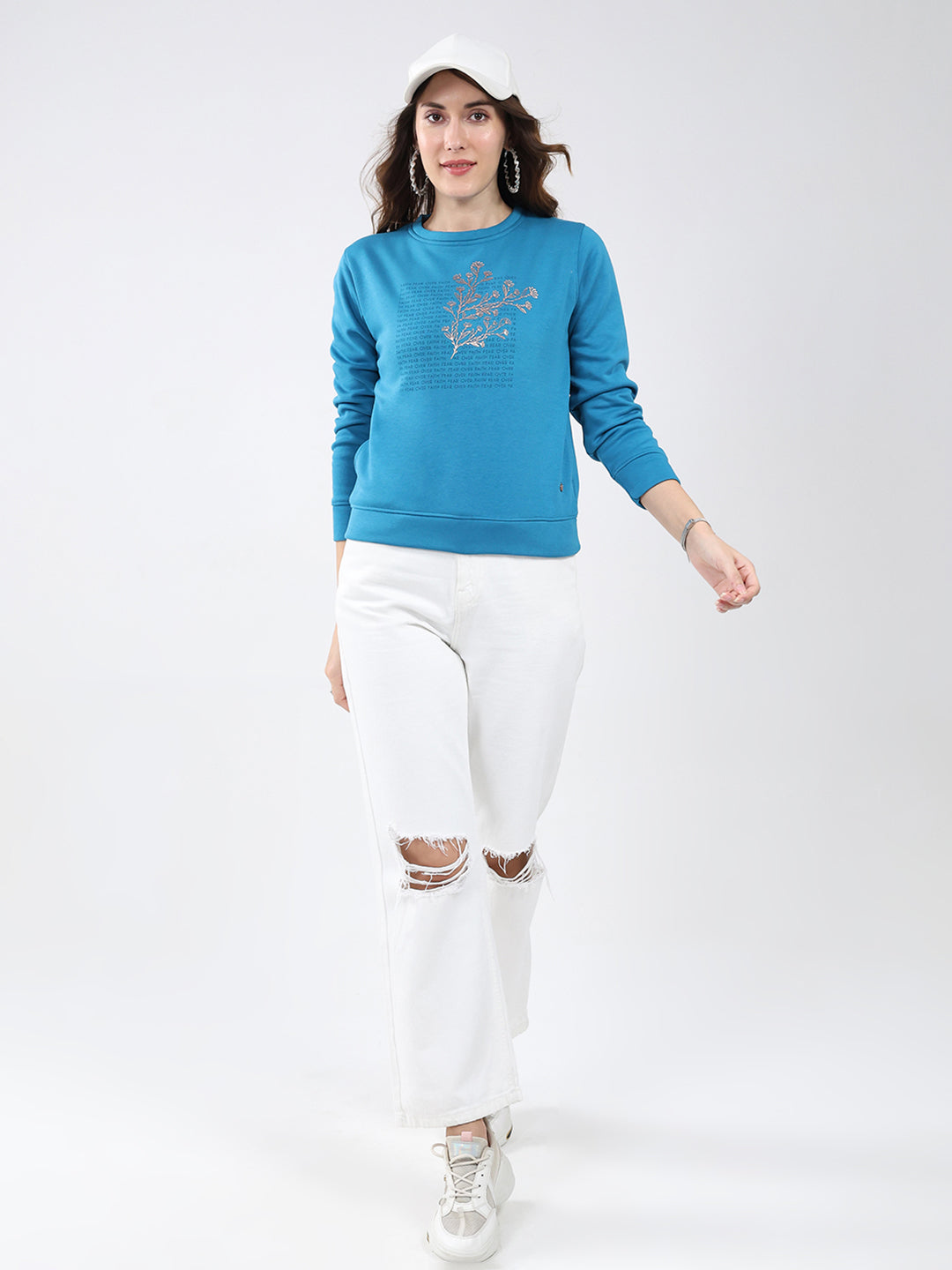 Women Blue Printed Round Neck Full Sleeve Sweatshirt